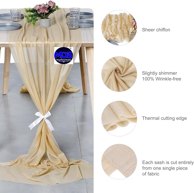 MDS 20 Pack 10ft Chiffon Table Runner 29 x 120 Inches Sheer Wedding Runner Romantic Rustic Table Runner for Wedding Decorations, Birthday Parties, Bridal Shower Party Arch Decor - Champagne Gold
