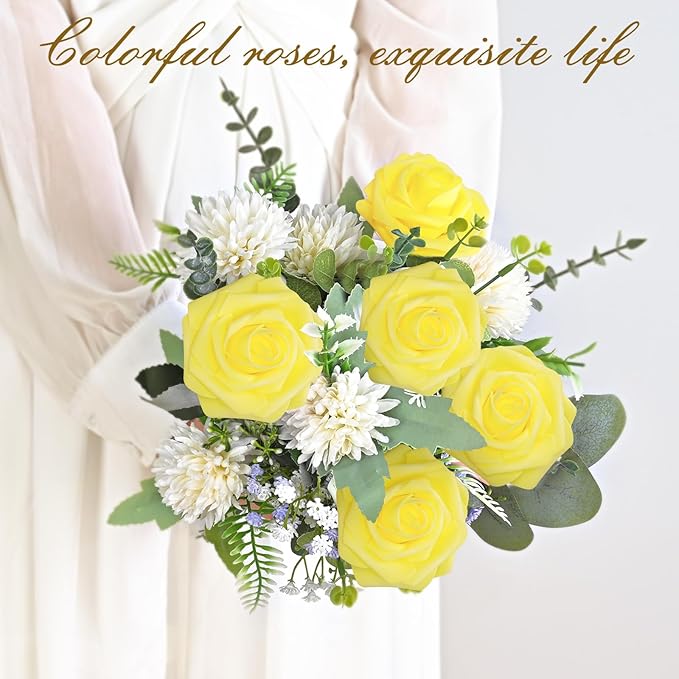 BLEUM CADE 36Pcs Artificial Flowers Fake Roses with Stems, Yellow Boxed Foam Roses for DIY Bouquets Centerpieces Wedding Party Arrangement Bridal Shower Decor