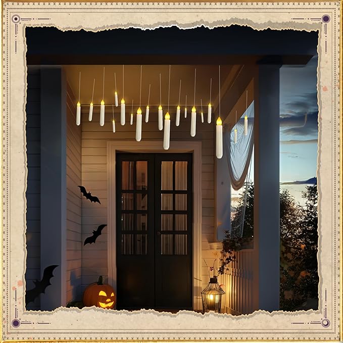Homemory 20 Pcs Floating Candles with 2 Wand, LED Warm Yellow Magic Deco Candle, Warm Yellow Flameless Taper Candles for Halloween Party Decor