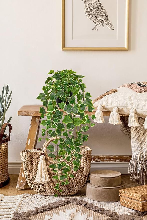 Hollyone Artificial Hanging Plants Potted 31.4" Fake Ivy Vine Faux Ivy Leaves Hanging Greenery Plant in Black Pot for Home Indoor Wall House Room Patio Shelf Office Decor