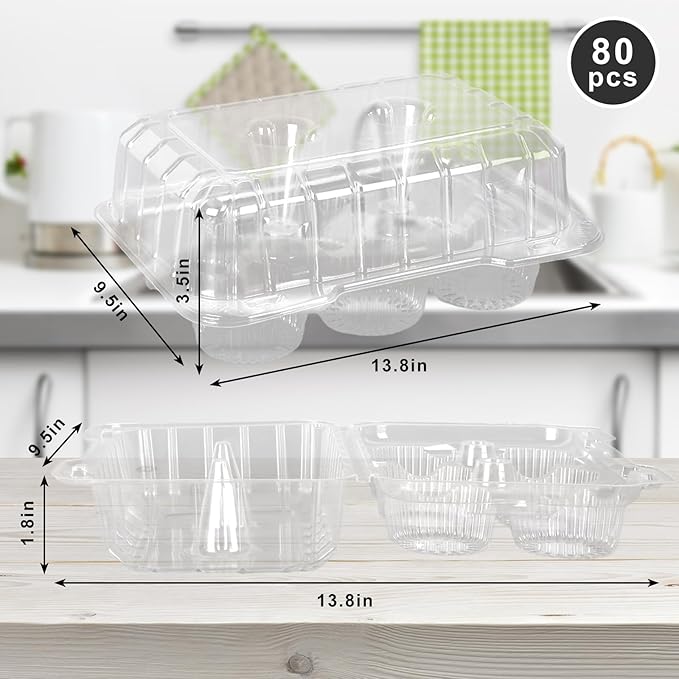 80 Pack Plastic Cupcake Containers 6-Compartment Clear Cupcake Boxes Disposable Cupcake Tray Holders 6 Cavity Cupcake Carriers with Deep Dome for Cupcake Muffin Packaging