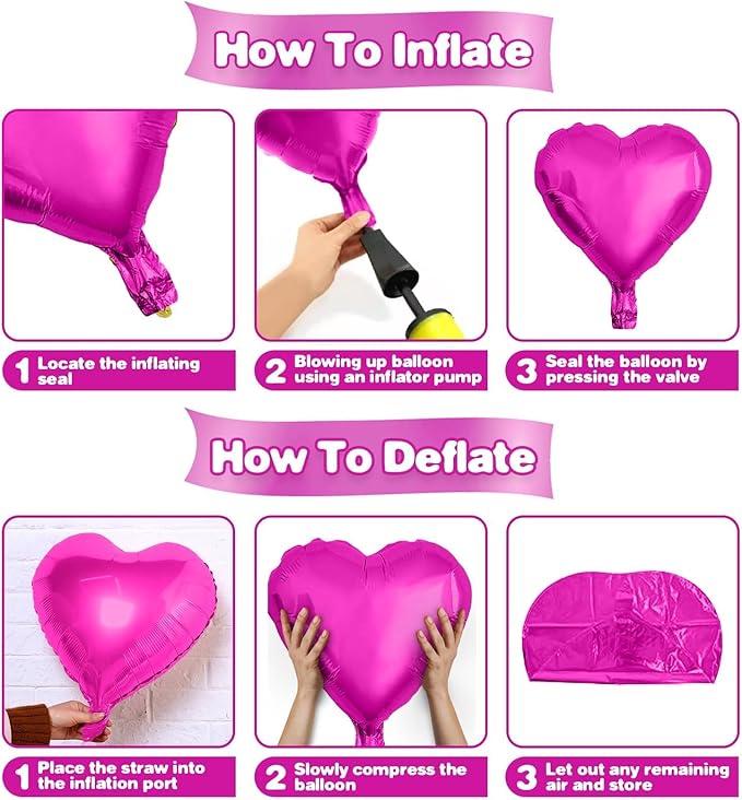 Hot Pink Heart Balloons,12Pcs 18 Inch Pink Foil Love Heart Shaped Balloons for Wedding Bridal Engagement Anniversary Birthday Party Celebration Baby Shower Valentines Day Decorations