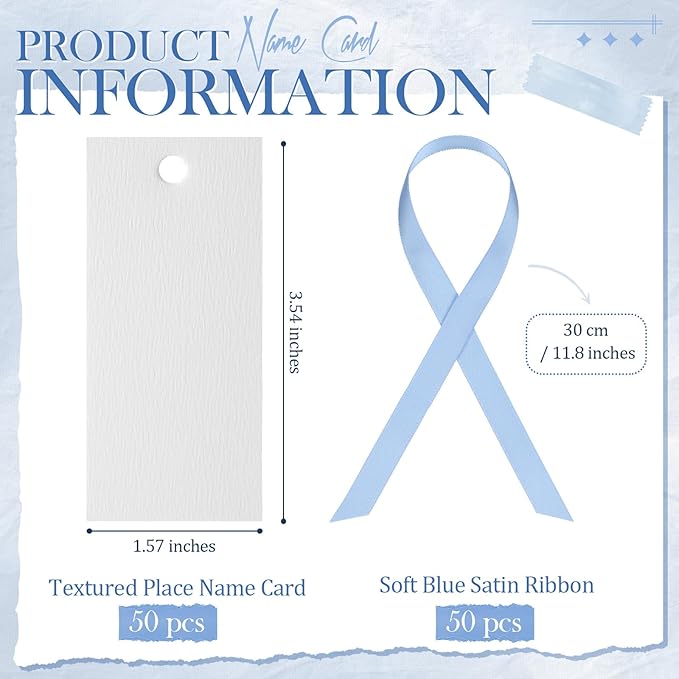 50 Pcs Name Place Cards for Table Setting Blank Wedding Place Cards with Satin Ribbon 1.57 x 3.54 Inch Hanging Gift Tags for Wedding Dinner Banquet Party Table Setting Supplies(Blue)