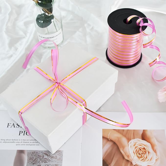 TONIFUL Curling Ribbon-Pink Gold Balloon Curling Ribbons-250 Yards Balloon String for DIY Decor,Gift Wrapping,Ribbons and Bows for Christmas New Year Birthday Gifts Graduation Supplies