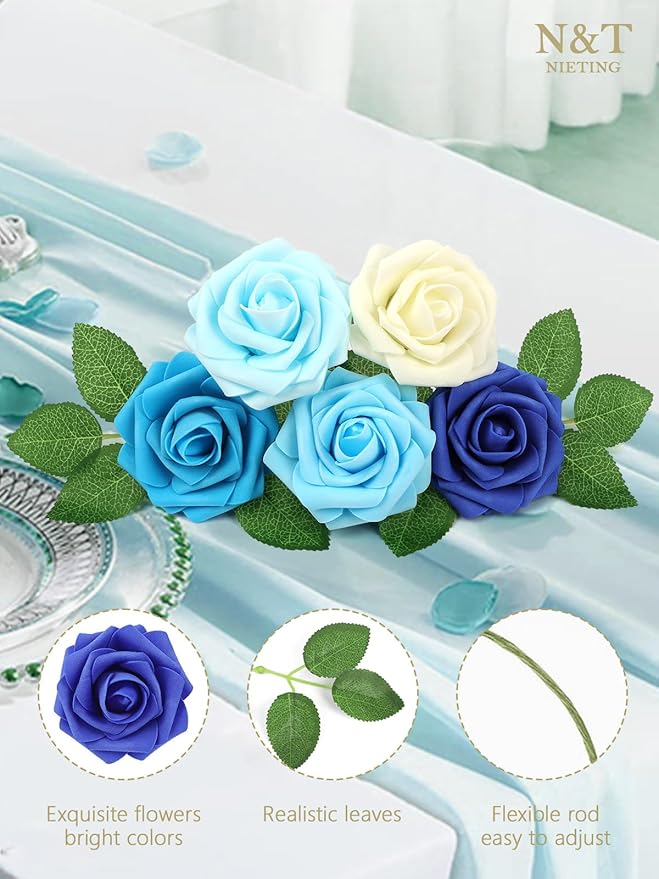 N&T NIETING Blue Roses Artificial Flowers, 25pcs Fake Flowers Rose Perfect for DIY Wedding Bridesmaid Bridal Bouquets Centerpieces Home Flower Arrangement Decoration, Series Blue