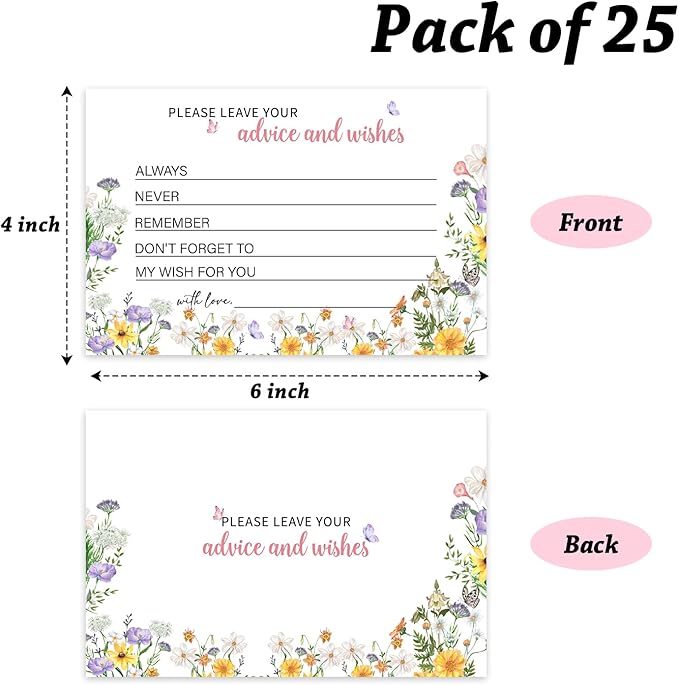 Advice and Wishes For the Mr and Mrs, Wildflower Advice Cards for Bridal Shower, Well Wishes for Wedding, Baby Shower Birthday And Graduation Party, 4" x6", 25 Pack-03