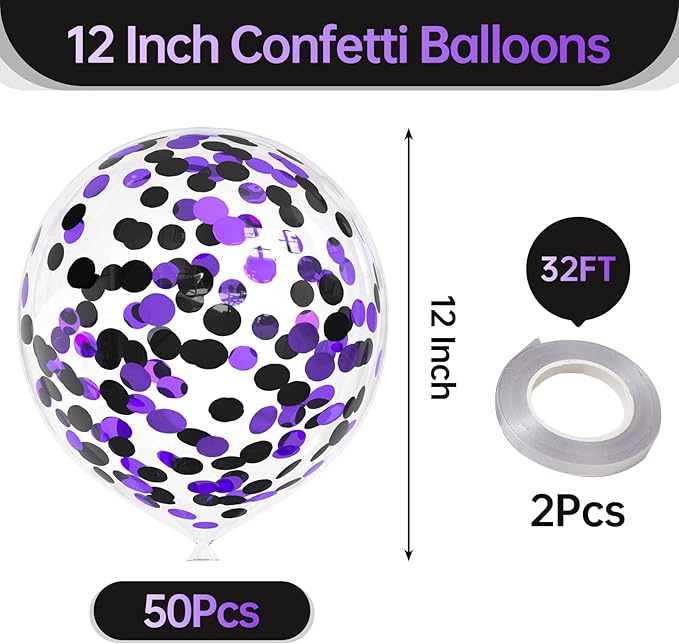 50pcs Purple and Black Foil Confetti Balloons,12 inch Latex Balloon with Purple Black Confetti Inside for Halloween Party Decorations