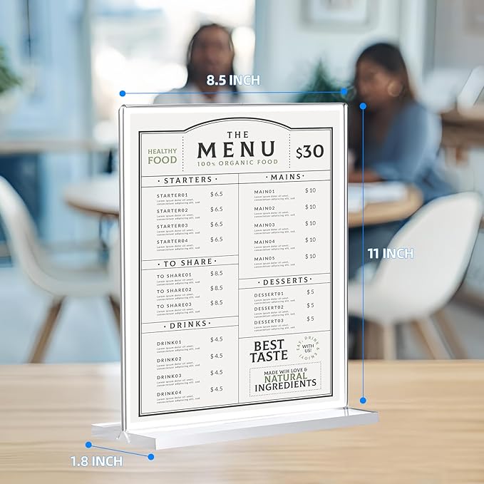 3 Pack Acrylic Sign Holder 8.5 x 11, Double-Sided Clear Sign Holder Plastic Stands for Display, T Shape Acrylic Table Sign Stands for Office Store Restaurants Wedding Party Decoration