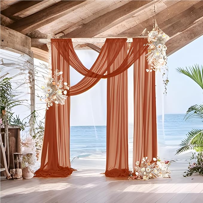 MLMW Fall Wedding Arch Draping Fabric 2 Panels 29" x 20Ft Burnt Orange Terracotta Sheer Wedding Arch Backdrop Drapes Outdoor Curtain for Thanksgiving Ceremony Party Background Ceiling Decor