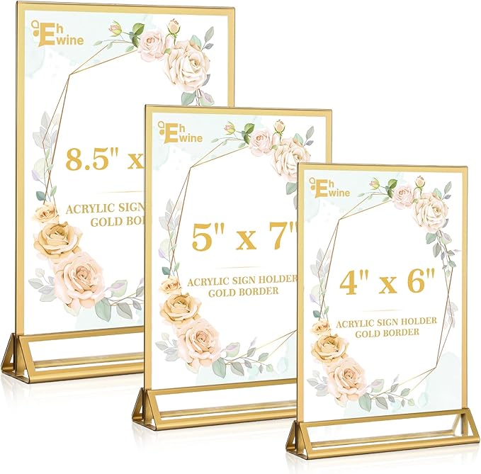 EHWINE 2 Pack Acrylic Sign Holder 4 x 6, Double Sided Gold Picture Frame Stand up Table Top Sign Holders, Clear Display Stand Menu Flyer Holder for Wedding Party