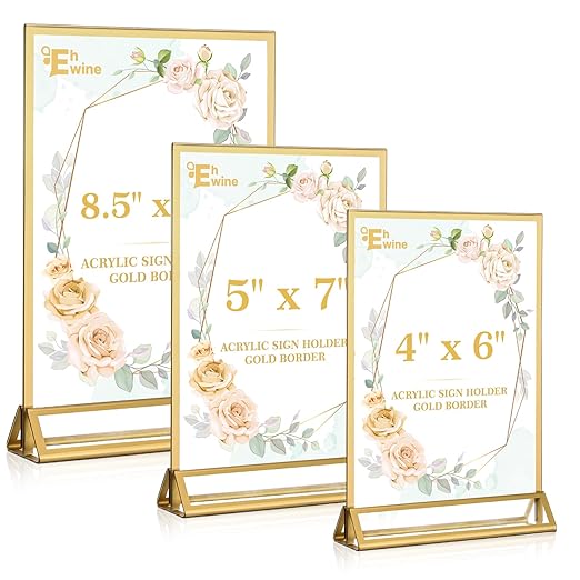 EHWINE 10 Pack 8.5×11 Clear Acrylic Sign Holder with Gold Borders and Vertical Stand, Double Sided Table Menu Holders Picture Frames for Wedding Table Numbers, Restaurant Signs, Photos and Art Display