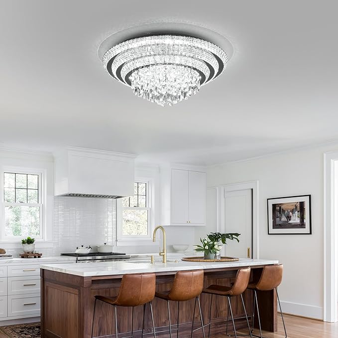 30 inch Crystal Silver Ceiling-Light Flush Mount with Remote Control and APP, 3CCT Dimmable & Brightness Adjustable, Modern Crystal Raindrop Chandeliers for Bedroom Hallway Dinning Room Living Room