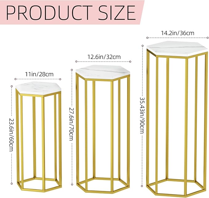 Urban Deco Cylinder Stands for Party, Set of 3 Gold Metal Hexagon Cake Pedestal Stand with Marbled Countertop, Flower Plant Pedestal Stands for Display Parties Wedding Birthday Decor, 3PCS, Gold