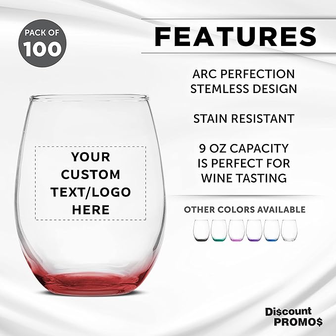 Custom Stemless Wine Glass 9 oz. Set of 100, Personalized Bulk Pack - Great for Wedding Favors, Bachelorette Party Decorations, Party Favors, Color Bottom - Red