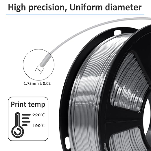 GIANTARM Silk Metallic Silver PLA 3D Printer Filament 1kg Spool, 1.75mm Dimensional Accuracy +/-0.03mm, 1080 Feet per Roll, Vacuum Packaging