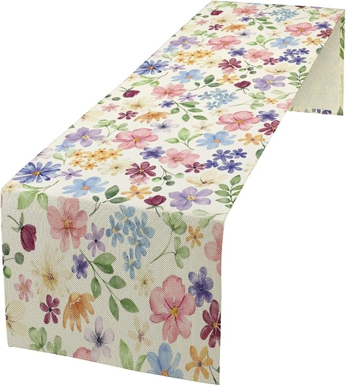 Floral Decorative Table Runner, Watercolor Floral Botanical Rustic Modern Style Pattern Printed Long Table Runner for Restaurant Kitchen Party,13in（33cm） W * 36in（92cm） L