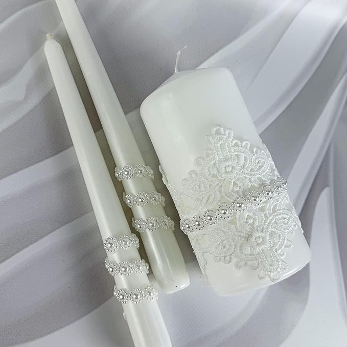 Unity Candle Set - Wedding Ceremony & Reception – 6” Pillar & Two 10” Taper Candles – Long Burning Unity Candles for Marriage Ritual – Handmade in USA – White | Lace