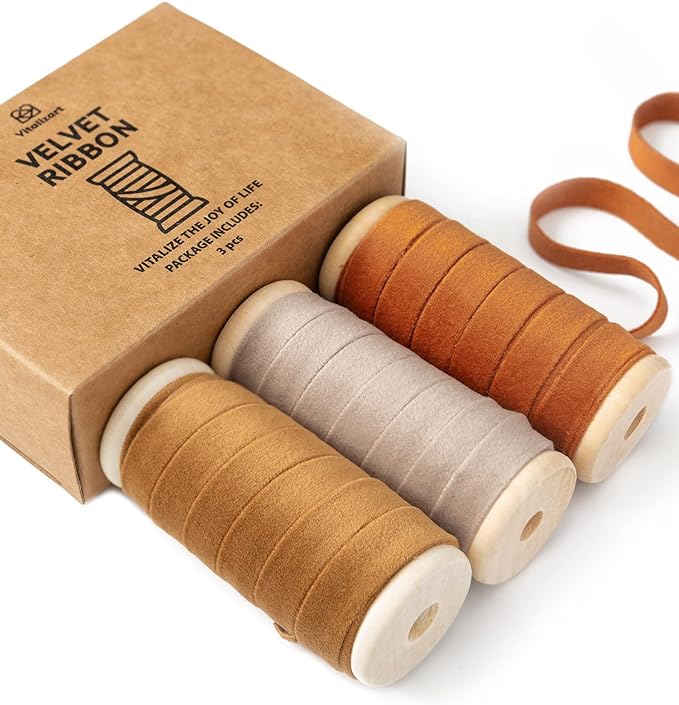 Vitalizart Fall Velvet Ribbon Set 3/8" x 15 Yd Wooden Spool Fabric Trim 3 Rolls * 5 Yd for Christmas Wreath Decoration Handmade Craft Ornaments Gift Wrapping & Bow Making