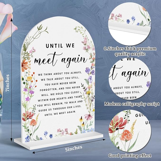 Acrylic Wedding Signs, Until We Meet Again Signs for Marriage Reception, Bridal Shower Decorations, Modern Arched Round Top Acrylic Table Top Sign with Holder for Wedding Party (White Wildflowers)