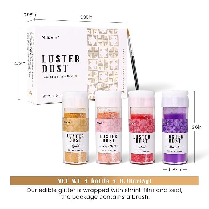 Edible Glitter for Cake Decorating, 4 Colors Luster Dust Edible, Edible Glitter for Cocktails, Baking, Drinks, Cupcakes, Chocolate, Strawberries, and Waffles 5g/bottle(Gold, Rose Gold, Purple, Red)