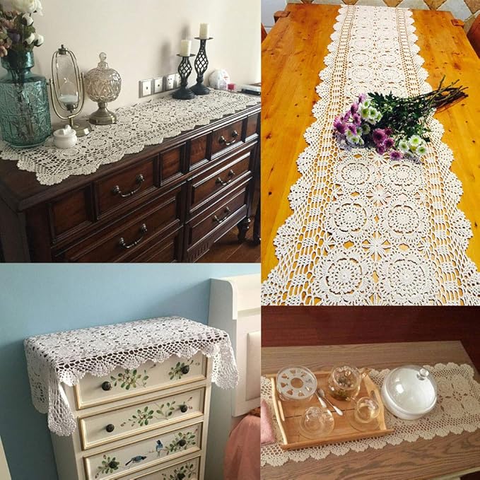 KEPSWET Cotton Handmade Crochet Lace Table Runner Beige Rectangle Coffee Table Dresser Decor (14x36 inch)