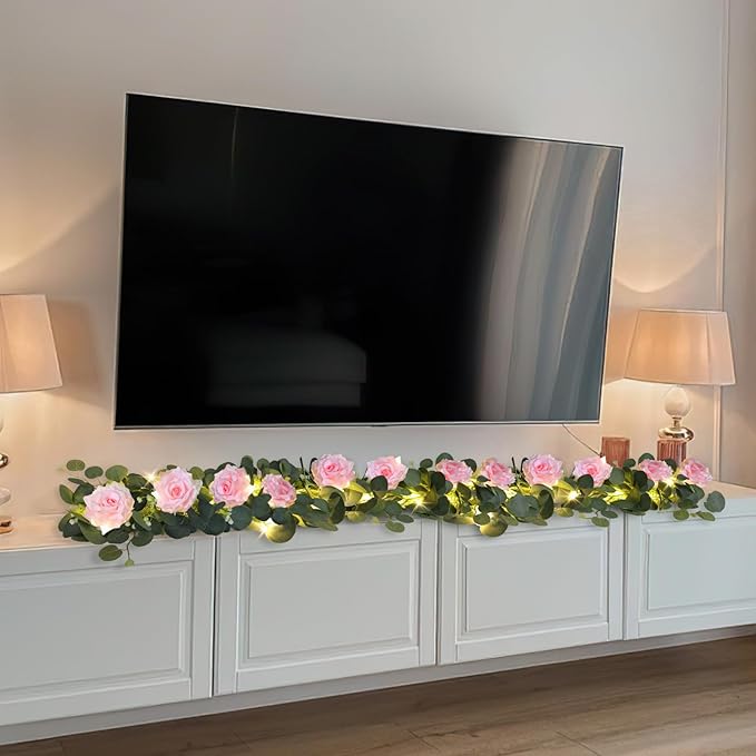 MACTING 2 Pack 13.2FT Eucalyptus Garland with Lights - Spring Gypsophila Flower Garlands with 24 Pink Roses Artificial Floral Greenery Vines for Arch Table Centerpieces Backdrop Party Wedding Decor