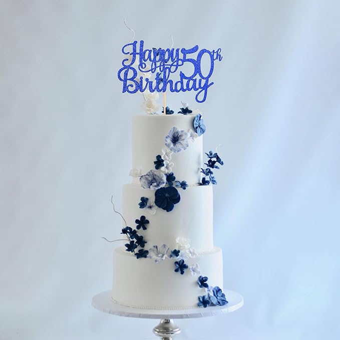 1 PCS Happy 50th Birthday Cake Topper Glitter Cheers to 50 Years Birthday Cake Pick 50 Fabulous Cake Decoration for Happy 50th Birthday Anniversary Party Decorations Supplies Blue