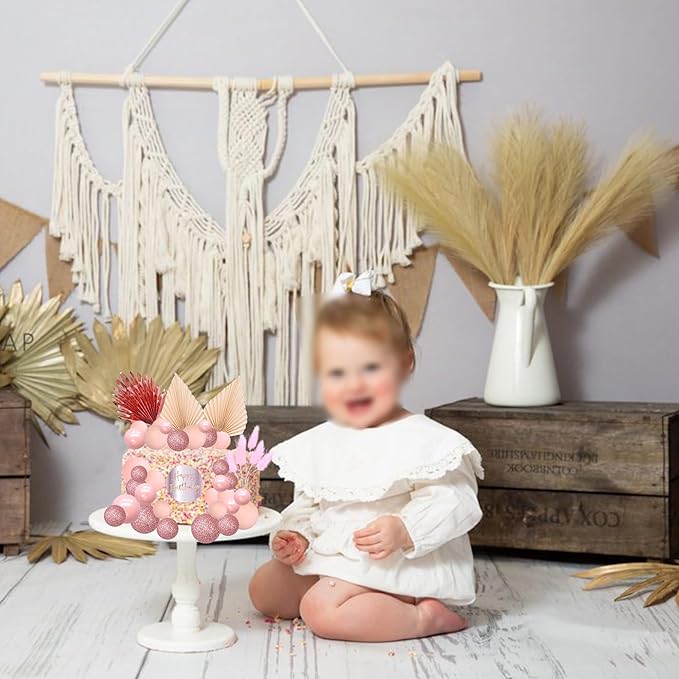 Ephlyn 33 Pack Balls Cake Toppers Boho Palm Leaves Cake Decorations Round Acrylic Happy Birthday Cupcake Toppers for Birthday Wedding Baby Shower Party Supplies Rose Gold