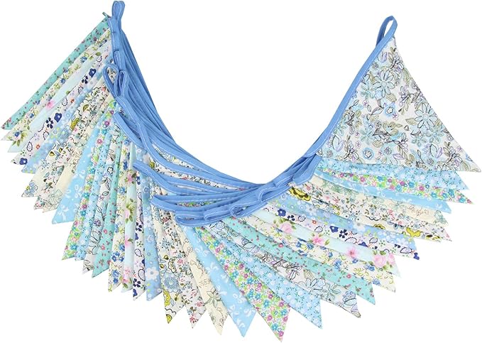 10M/32Ft Triangle Bunting Banner, 36 Pcs Cotton Fabric Flags Pennant Garlands for Birthday Party, Wedding, Baby Shower, Outdoor and Home Decorations (Blue)