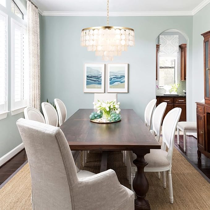 ALICE HOUSE 18.2" White Shell Chandeliers, Brushed Brass Finish, Coastal Kitchen Island Light Fixture, 4 Light Modern Pendant Light for Dining Room, Entryway and Bedroom, ETL Listed, AL2608-P4