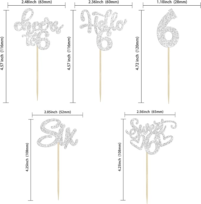 30Pcs 6th Birthday Cupcake Toppers Glitter Six Hello 6 Cupcake Picks Cheers to 6 Years Old Cake Decorations for 6th Birthday Party Supplies Silver