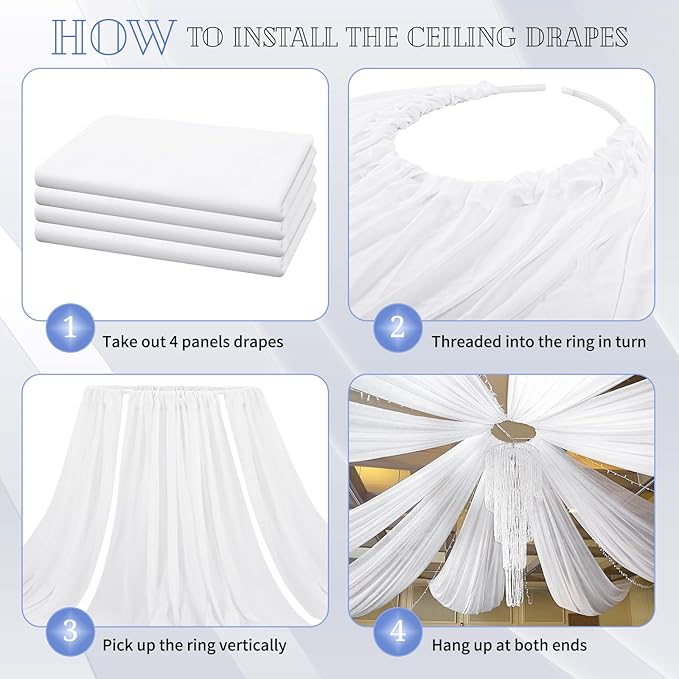 4 Panels White Ceiling Drapes for Wedding 5ftx20ft Chiffon Fabric Arch Draping Curtains for Party Ceremony Birthday Baby Shower Reception Stage Ceiling Decorations