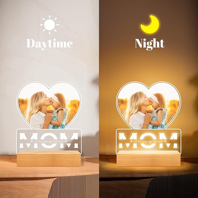 Personalized Gifts for Mom from Daughter and Son, Custom Picture Frames with Photo, Custom Photo Frame with Night Light, Customized Heart Picture Frame, Personalized Mom Birthday Gifts