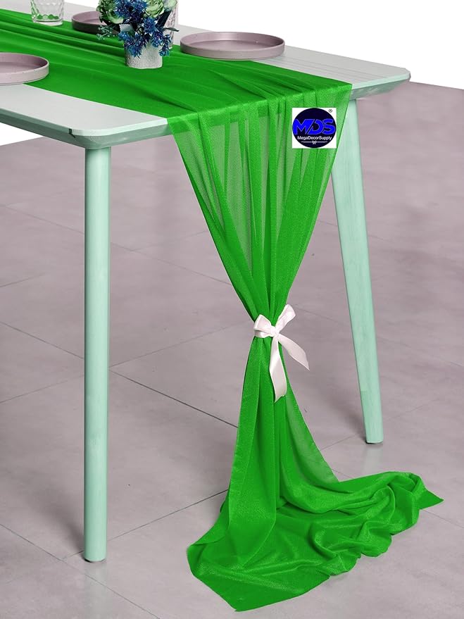 MDS Halloween Chiffon Table Runner - 15 Pack, 29 x 170 Inches, 14ft Each - Sheer Spooky Table Runners for Haunted House Parties, Trick-or-Treat Tables, Witchy Décor, Wedding & Events - Green