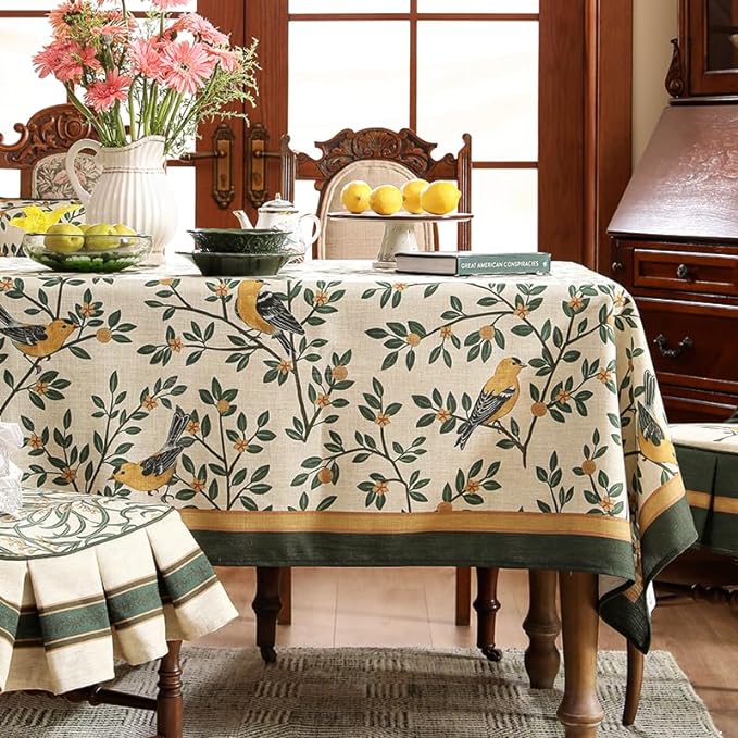 patdrea Designer French Table Cloth for Rectangle Table,Vintage Green Linen Birds and Leaves Pattern Tablecloths,Dacorative Cover Kitchen Dining,Christmas,Thanksgiving,Tea Party,55"x79"-Warbler