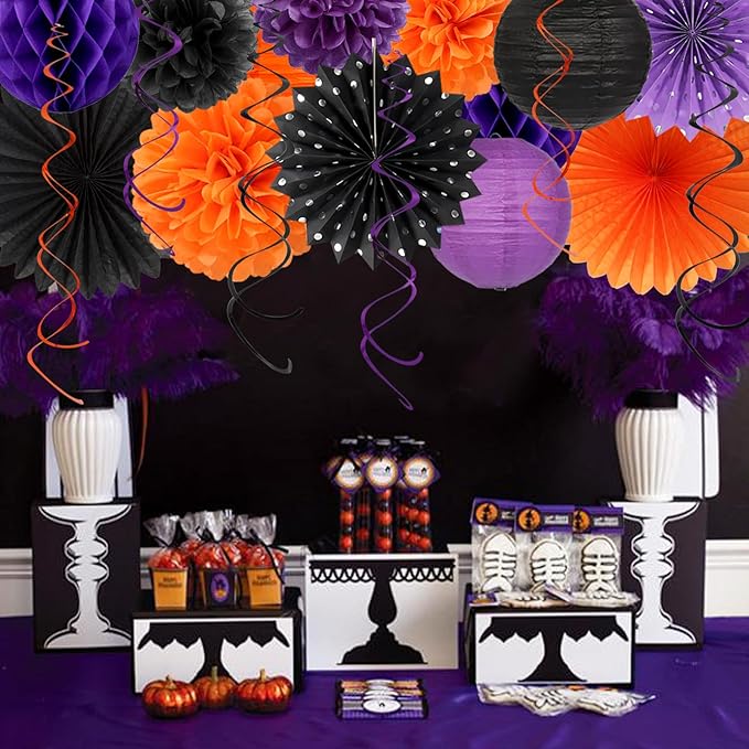 Black-Purple Orange Happy-Halloween Party-Decorations - 21pcs Birthday Banner,Paper Lanterns Honeycomb,Tissue Pom Poms Flower Fan,Kids Classroom Hanging Streamers Garland Decor Supplies Huglony