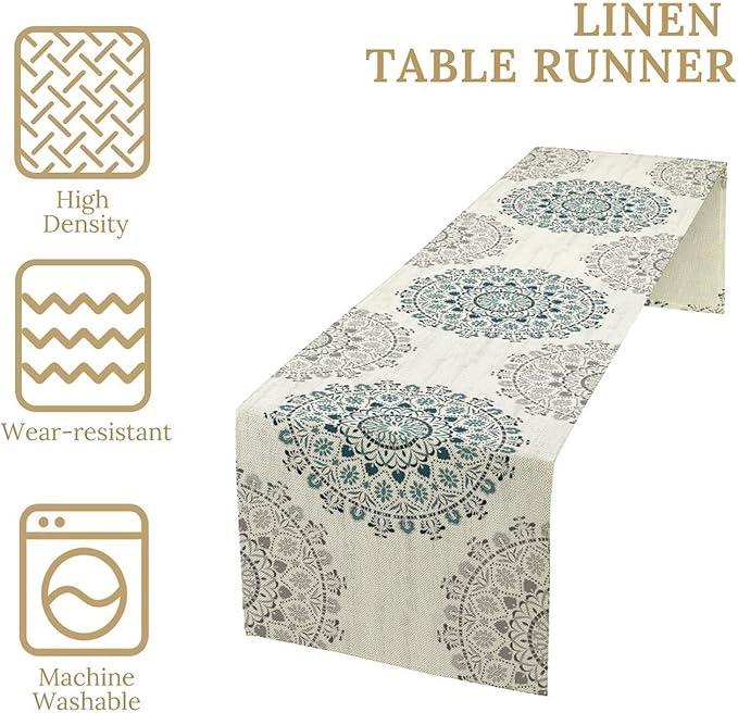 Boho Flower Table Runner, Bohemian Turquoise Mandala White Teal Floral Kitchen Dining Table Runners for Indoor Outdoor Home Party Holiday Decor, 13x36inch