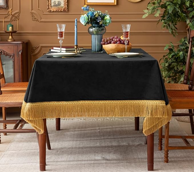 F-CHU Luxury Black Tablecloth Thickset Velvet Tablecloth with Beautiful Gold Tassels Table Cloth for Home Decor Wedding, Party, Banquet and Events 60x70-Inch
