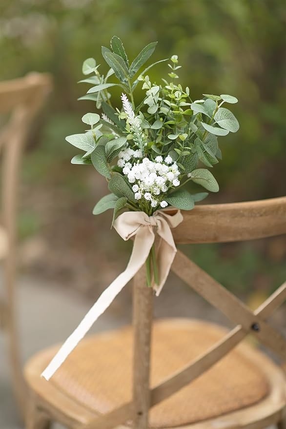 Ling's Moment 8 White Aisle Pew Artificial Flowers Arrangements Babysbreath for Wedding Ceremony Chair Back Floral Decorations with Chiffon Ribbons Sage Green Reception Church Rose Fake Party Outdoor