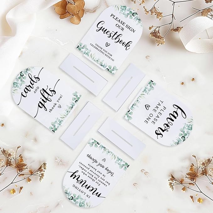 4 Pcs Acrylic Wedding Signs for Reception, Bridal Shower Decorations, Cards and Gifts Signs, Guest Book Sign, Arch Acrylic Table Top Sign with Holder for Wedding Reception (White Eucalyptus Leaves)