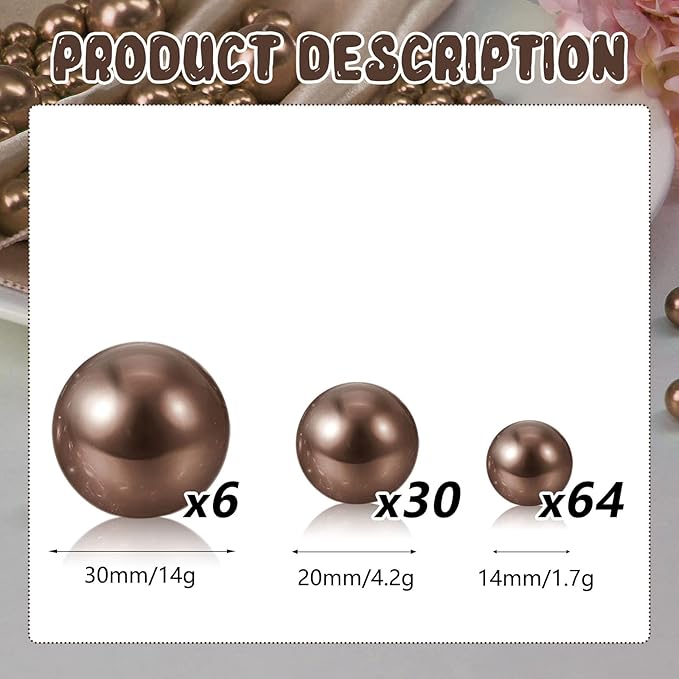 100PCS Brown Faux Pearls Beads for Centerpiece Vases, Vase Filler Faux Pearls, No Holes Filler Beads for Party Anniversary Birthday Wedding Table Decor, 14/20/30mm