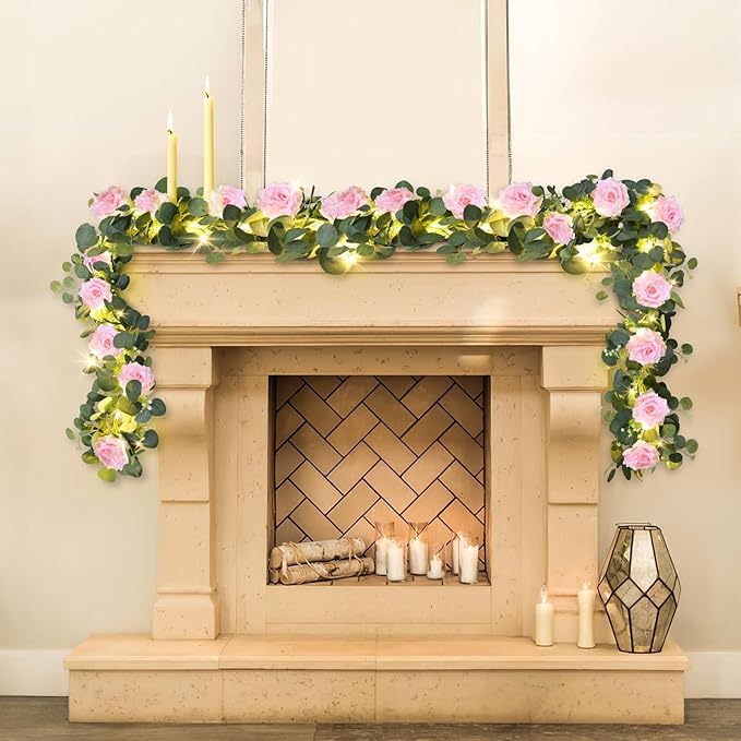 MACTING 6.6FT Flower Garland with Lights - Spring Gypsophila Eucalyptus Garland with 12 Pink Roses Artificial Floral Greenery Vine for Arch Table Centerpieces Backdrop Party Home Wedding Decorations