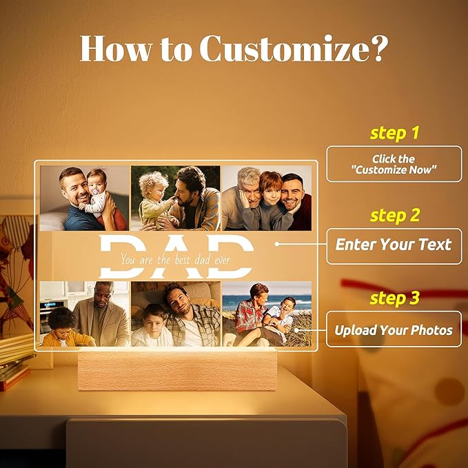 Personalized Gifts for Dad from Daughter Son, Custom Picture Frames with Photos, Customized Photo Frame with Night Light, Personalized Dad Gifts for Birthday Fathers Day Christmas