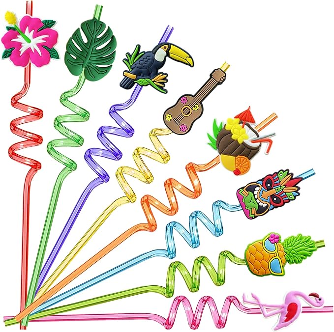 Hawaiian Luau Party Favor Drinking Straws (24 Pcs) Summer Beach Pool Birthday Party Supplies Reusable Plastic Drink Straw for Tropical Luau Party (2 Pcs Cleaning Brushes inside)…