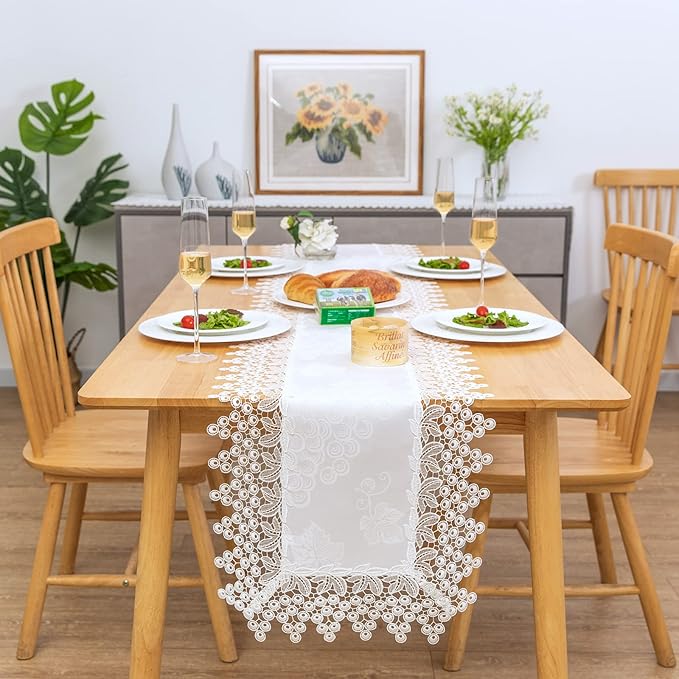 White lace Premium Rectangle Farmhouse Table Runner Waterproof OilProof SpillProof AntiShrink Soft Wrinkle Resistant Decorative Fabric Table Cover Kitchen Dinning Party Wedding Banquet