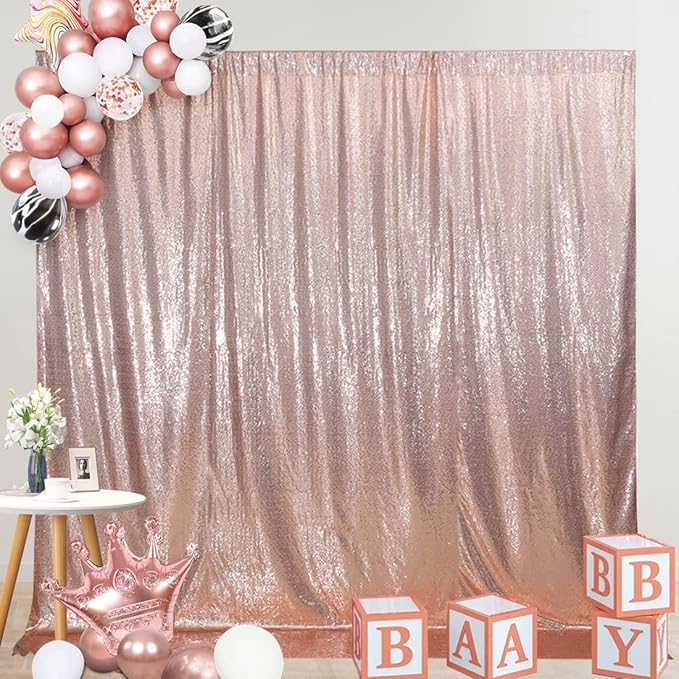 SquarePie Sequin Backdrop Not See Through Thick Background Curtain Party 10FT x 10FT Rose Gold