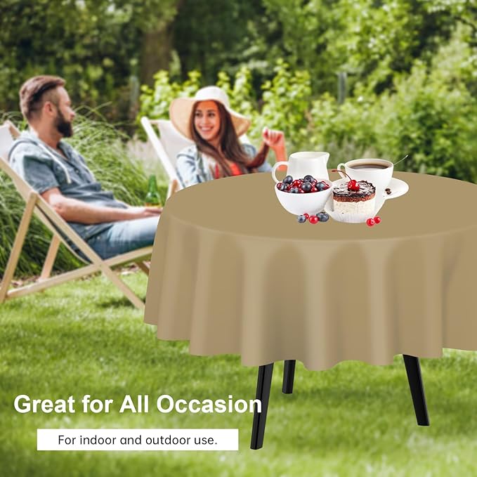 QIKSION Gold Round Tablecloth 2 Pack, 84 Inch Plastic Table Cover Disposable for Parties