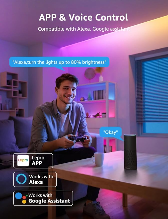 Lepro S1 AI LED Strip Lights for Bedroom - 100ft(2 Rolls of 50ft) Smart RGB Light Strips with IC and Rainbow Chasing Effects, AI Generated Lighting, No Remote, 2.4G Wi-Fi & Bluetooth