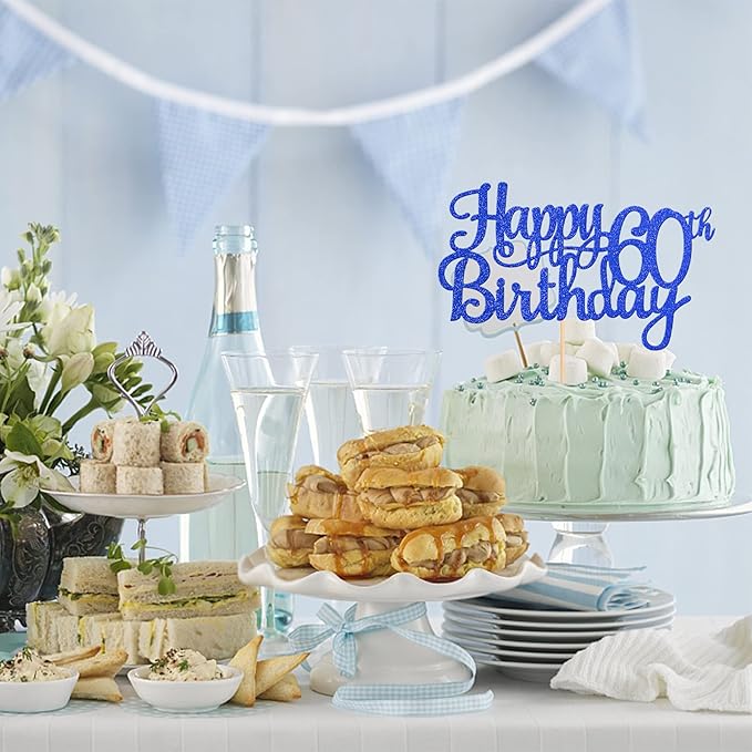 1 PCS Happy 60th Birthday Cake Topper Glitter Cheers to 60 Years Birthday Cake Pick 60 Fabulous Cake Decoration for Happy 60th Birthday Anniversary Party Decorations Supplies Blue