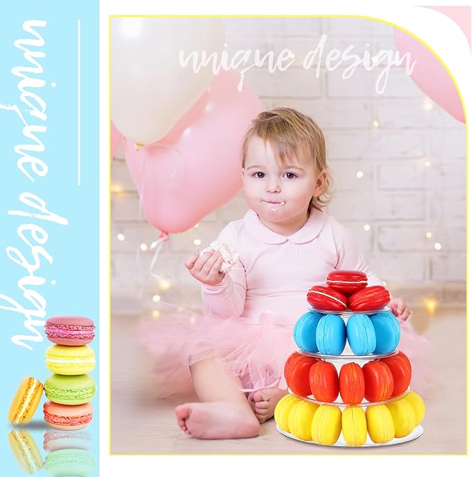 Juexica 1 Pcs Round Macaron Display Tower Stand 4 Tiers Plastic Cake Rack Macaron Wedding Cupcake Display Food Serving Stands Clear Dessert Tower for Wedding Baby Shower Birthday Decoration